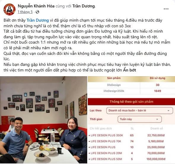 Bài đăng Facebook tri ân HLV Trần Dương & bảng doanh số trăm triệu của Nguyễn Khánh Hòa