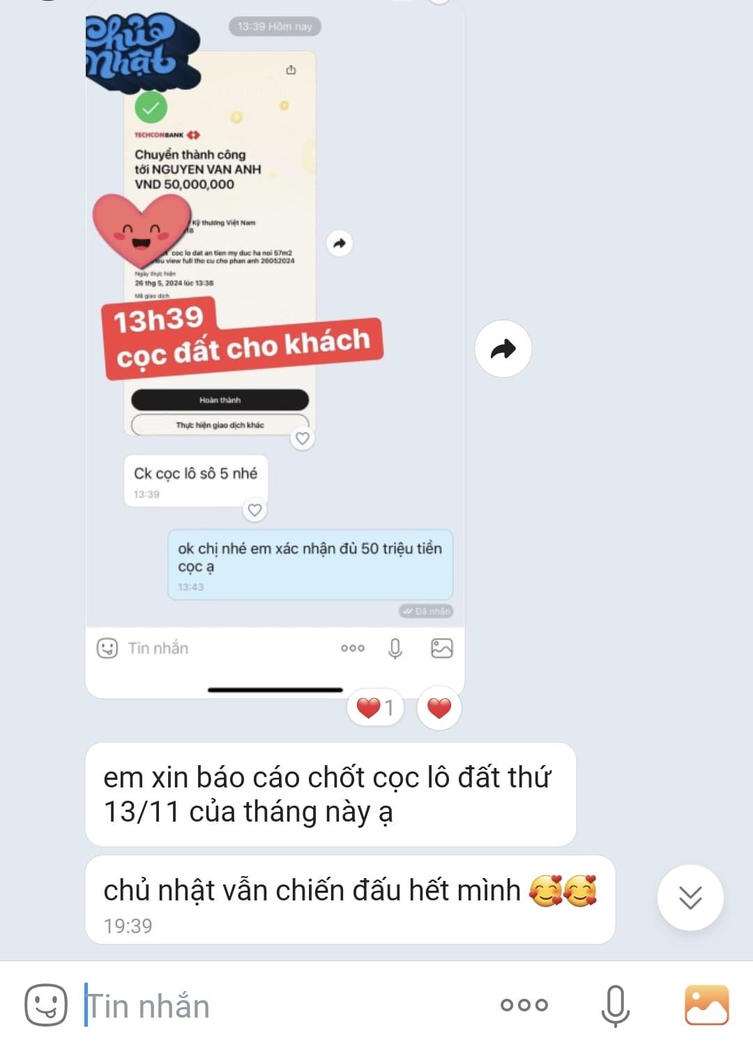Tin nhắn nhận cọc 50 triệu & báo cáo chốt cọc lô đất thứ 13