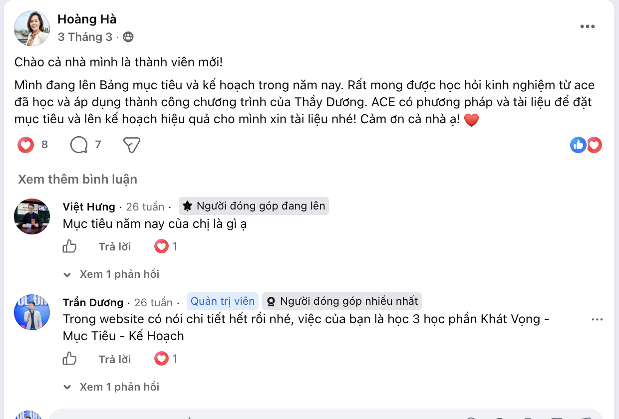 Thành viên mới hỏi cách lên bảng mục tiêu, Thầy Trần Dương trực tiếp chỉ dẫn: học 3 học phần Khát Vọng, Mục Tiêu, Kế Hoạch.
